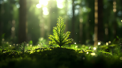 Fototapeta premium Young Green Tree Sapling in a Sunlit Forest
