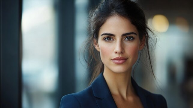 Businesswoman in office lobby, soft light, modern backdrop, conveying professionalism and focus.