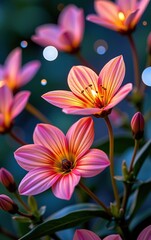 Fototapeta premium A stunning close-up of vibrant, glowing flowers in full bloom, illuminated with soft golden light.