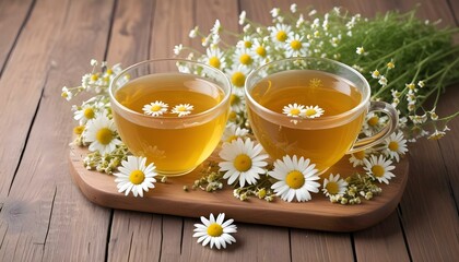 Cup of medicinal chamomile tea on a wooden