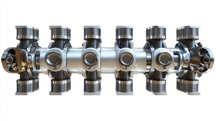 Close-up of a detailed eight-cylinder engine block, pistons, and connecting rods isolated on white background.