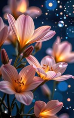 Fototapeta premium A stunning close-up of vibrant, glowing flowers in full bloom, illuminated with soft golden light.