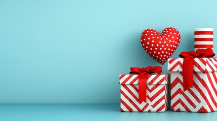 Obraz premium Red and white striped gift boxes with red ribbons and a floating dotted heart against a light blue background. Perfect for Valentine's Day or