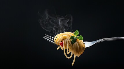 Steaming spaghetti on a fork against a black background.