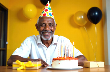 Happy elderly african american man wearing party hat sitting at table with balloons in background. birthday celebration concept.