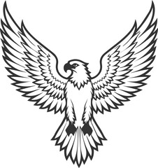 Icon of an angry eagle in the air with raised wings and a dark beak, black line.