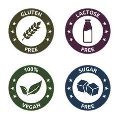 Set of vegan badges. Gluten, lactose, sugar free. Product packaging labels