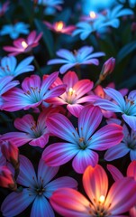A stunning close-up of vibrant, glowing flowers in full bloom, illuminated with soft golden light.