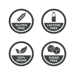 Set of vegan badges. Gluten, lactose, sugar free. Product packaging labels