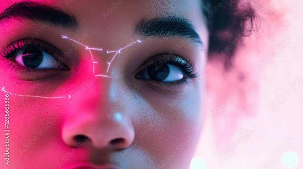 Fototapete close up of a person with highlighted facial lines in a colorful light setting showcasing beauty and