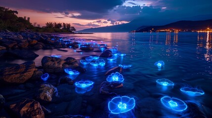 Stunning Sunset Scene with Bio luminescent Plankton Glowing Bright Blue in the Ocean near Rocky Shore