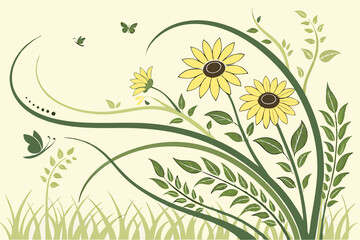 Sunflowers with lush, green stalks forming a natural flow.