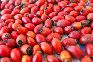 A detailed close-up of dried rose hips, showcasing their red color and textured surface, commonly used for tea, medicine, and skincare.
