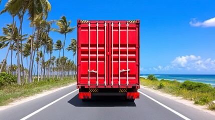 Naklejka premium Red shipping container on a truck driving on a coastal road lined with palm trees under a bright sunny sky. Ocean view in the background. 
