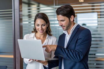 Business professionals collaborating in a modern office with a laptop