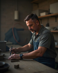 Adult Caucasian man crafting pottery with tool, artisan skill