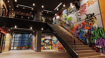 Obraz premium Urban loft interior, graffiti stairway, modern office, city view background