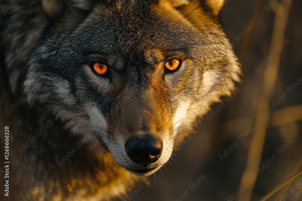 Poster close up of a wolf with striking golden eyes in a natural setting during golden hour. generative ai