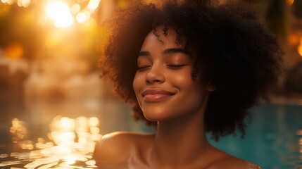 Fototapeta premium Woman’s radiant skin in a spa, embodying natural beauty and serenity.