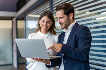 Business professionals collaborating in a modern office with a laptop