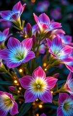 A stunning close-up of vibrant, glowing flowers in full bloom, illuminated with soft golden light.