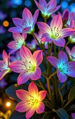 Naklejka premium A stunning close-up of vibrant, glowing flowers in full bloom, illuminated with soft golden light.