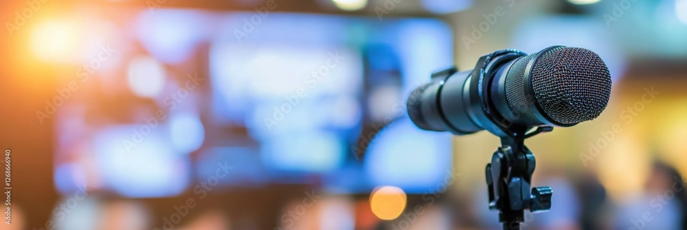 Poster Professional microphone set up for a conference during the evening at a modern venue with bright lighting. Generative AI