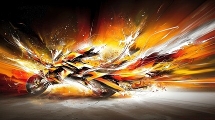 Abstract motorcycle exploding in fiery action on a textured surface