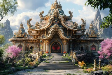 Fototapeta premium Stunning ancient temple surrounded by lush greenery and mountain peaks during bright daylight