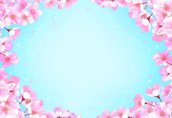 桜と青空　桜吹雪　枠　素材　水彩画　舞い散る　舞う　散る　お花見　入学　卒業　新生活　ひな祭り　おしゃれ　キラキラ　華やか　爽やか　見出し　タイトル　囲み　飾り　キャンペーン　ポスター　cherry blossoms and sky,watercolor