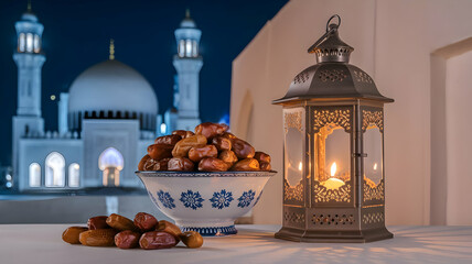 Ramadan Lantern and Dates with Mosque in Background at Night