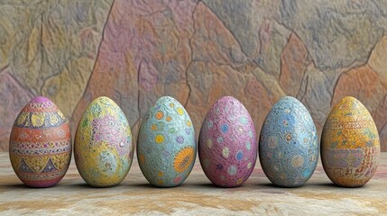 Six uniquely decorated pastel eggs arranged in a row against a textured stone background. Each egg features a different intricate design. The eggs