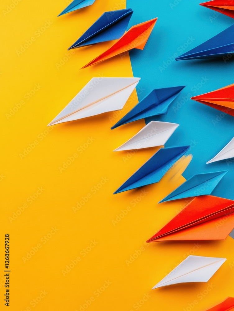 Fototapete group of paper planes flying in one direction with one individual pointing in another direction for 