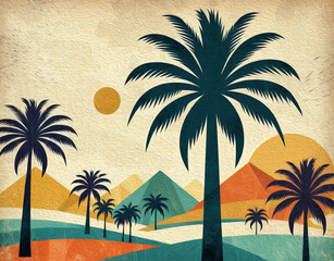 Palm tree. Oil painting. Pattern for printing on wall decorations, covers, leaflets, business cards