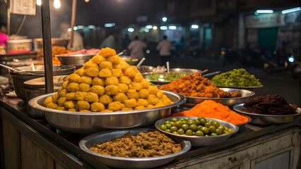 Street Food Stall with Various Indian Snacks in Metal Bowls at Night Market