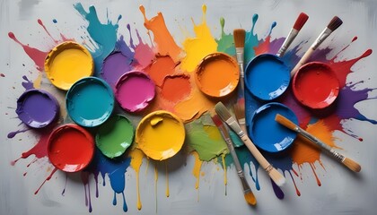 art palette with colorful mixed paints and paintbrushed