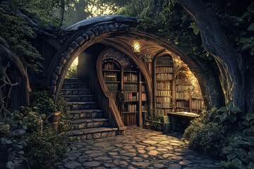 Naklejka premium Enchanting library nook hidden among trees during golden hour