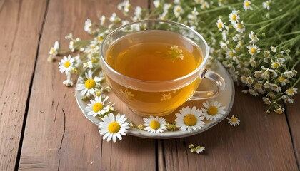 Cup of medicinal chamomile tea on a wooden