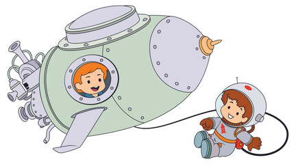 Little astronaut next to rocket.