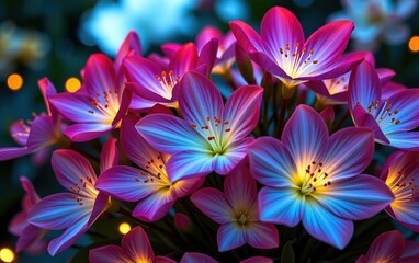 Fototapeta premium A stunning close-up of vibrant, glowing flowers in full bloom, illuminated with soft golden light.