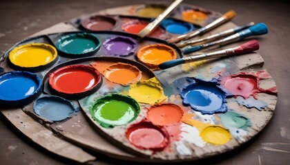 art palette with colorful mixed paints and paintbrushed