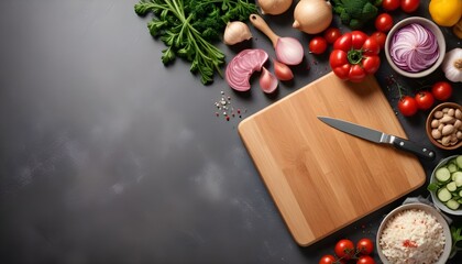 Composition with cutting board and ingredients for cooking on table. Top view with copy space