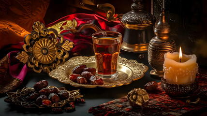 Traditional Middle Eastern Tea Setup with Dates and Candle