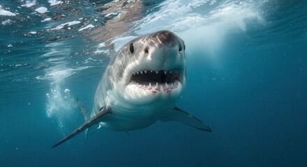 Great White Shark Swimming Underwater with Open Mouth Showing Teeth