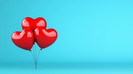 Three glossy red heart shaped balloons float against a light blue background. Simple, clean and romantic image ideal for Valentine's Day or love