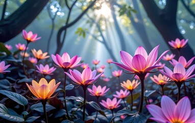A stunning close-up of vibrant, glowing flowers in full bloom, illuminated with soft golden light.