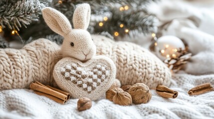 Fototapeta premium knitted bunny with heart on cozy winter blanket