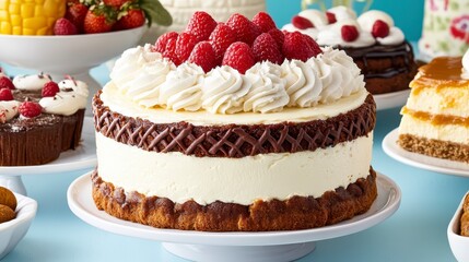 A delectable two layered cheesecake, adorned with fresh raspberries and whipped cream, takes center stage among an array of other pastries on a light