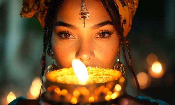 Haitian Voodoo Priestess Holding Ceremonial Objects Amid Candlelight