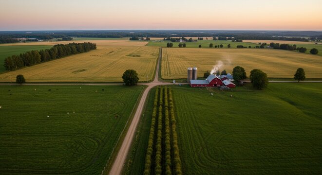 Aerial View of Midwest Farm with Fields at Sunset in Summer